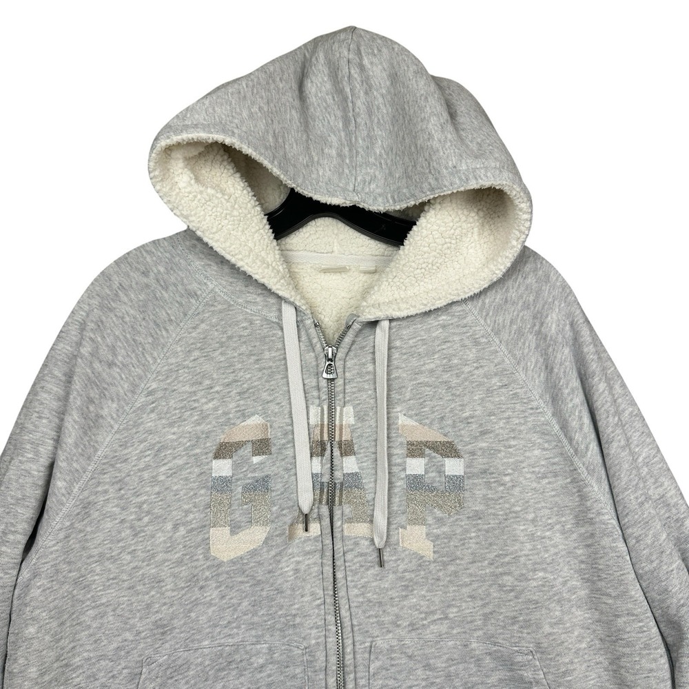 GAP Sherpa Lined Zip Up Hoodie Women's XL Heathered Embroidered Logo